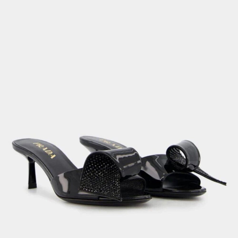 NWT Prada Slide Sandals Black Patent Leather Bow Detail Crystal Embellished